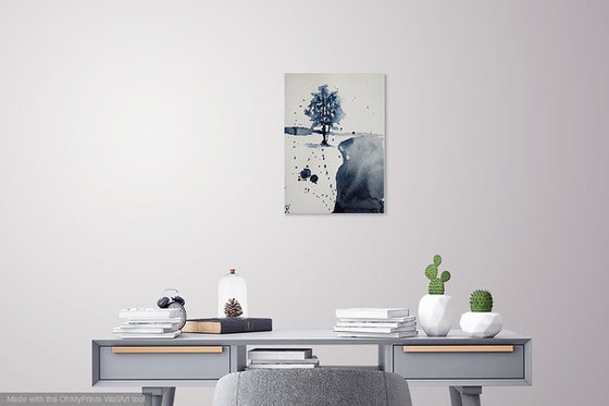 Original watercolor painting postcard Winter snow tree, black and white