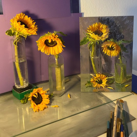 Three Sunflowers on purple