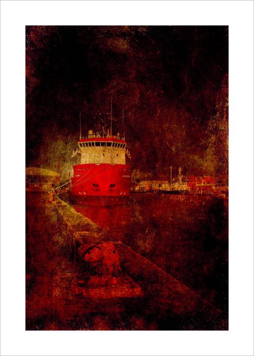 Red ship in port by Martin  Fry