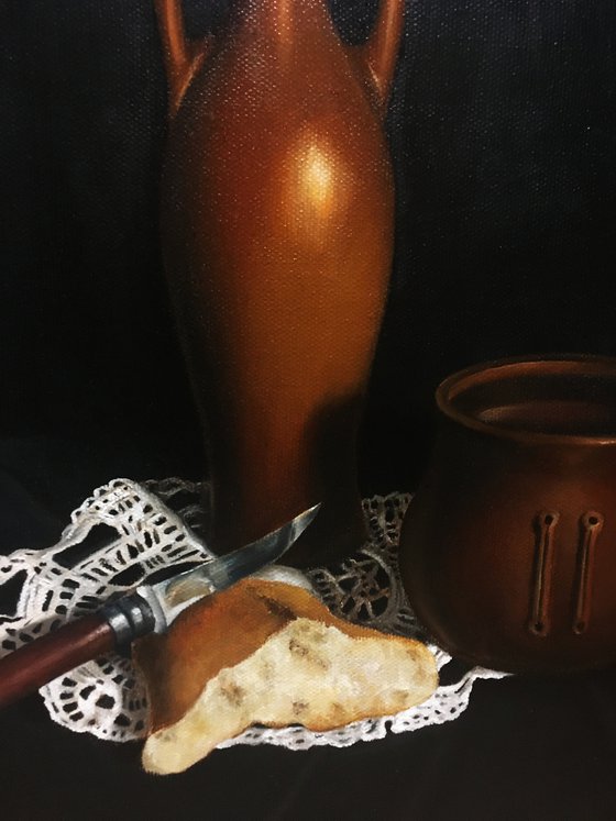 STILL LIFE WITH WINE, BREAD, KNIFE AND CLAY MUG - classical oil painting, old masters technique, vintage, village style, photorealism