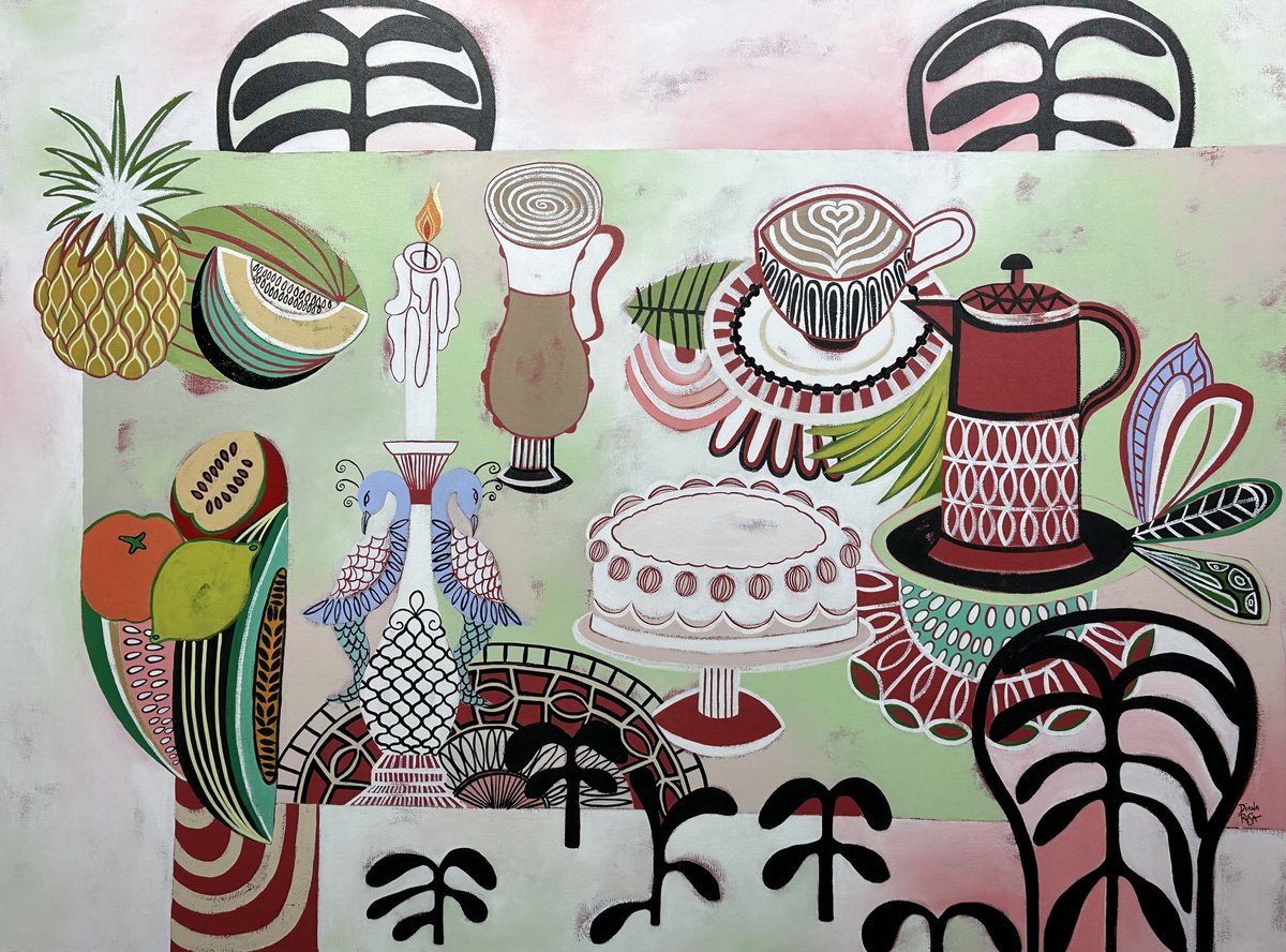 Surrealistic Still Life Acrylic Painting By Diana Rosa, 48 X 36, Tropical Table, Original Artwork