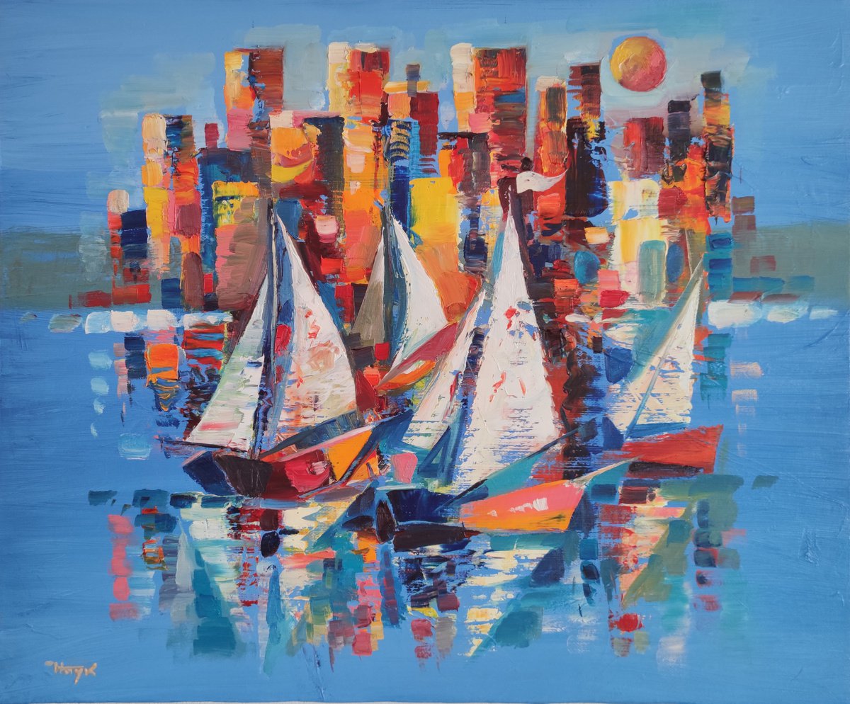 Boats (50x60cm, oil/canvas, abstract portrait) by Hayk Miqayelyan