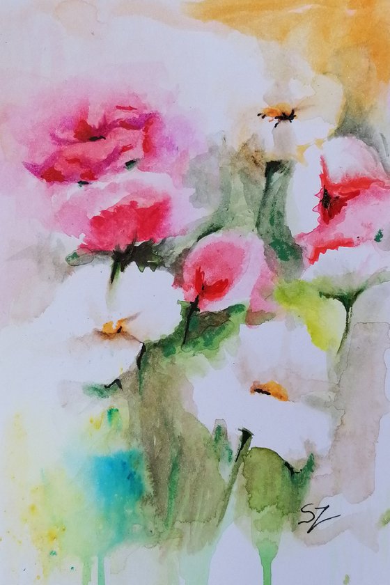 Garden flowers in watercolour