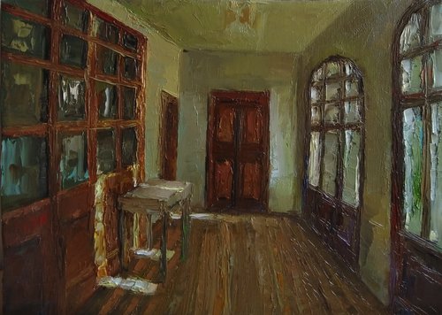 In a sunny room (25x35cm, oil painting, impressionistic) by Kamsar Ohanyan