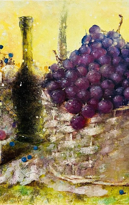 Still Life bottle grape basket by Yulia Odukalets