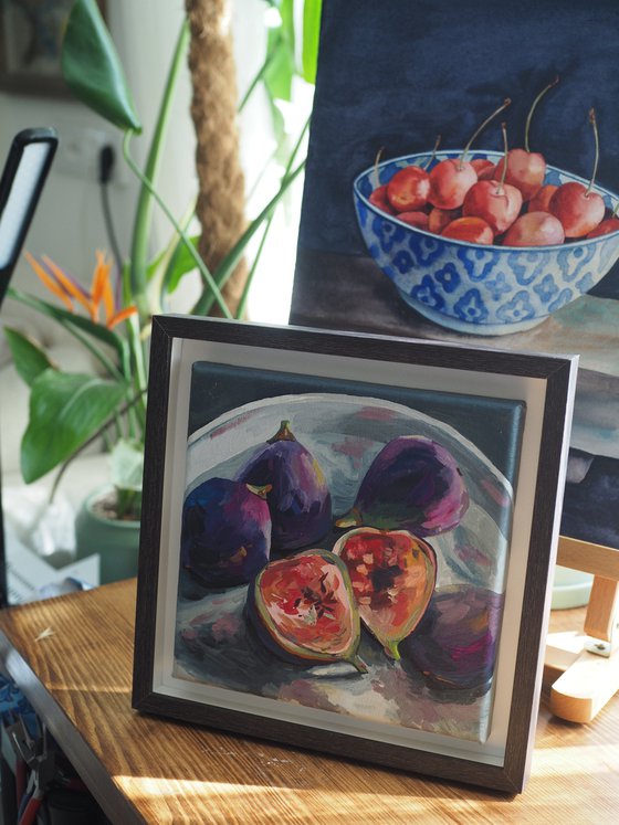 Still life with figs - original framed artwork, ready to hang