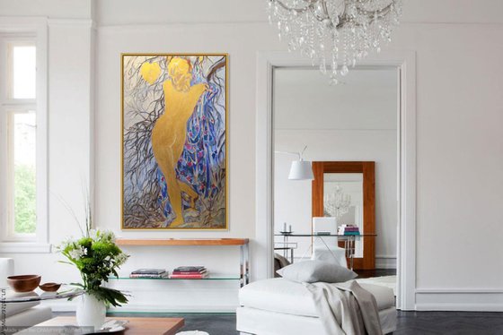 TROCADERO GOLD. PARIS - nude art, original painting oil on canvas, winter snow love lover nude girl, interior art, Christmas Valentine gift