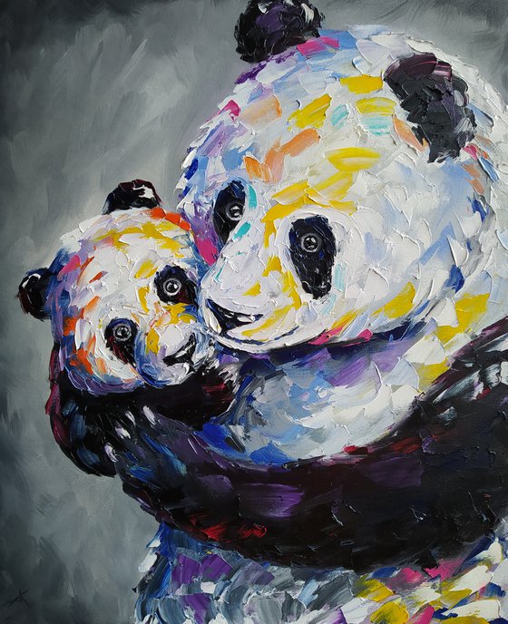 When mother is near -  panda, pandas, panda oil painting, mother's love, animal, animal face, love, mother, painting on canvas, gift, animals art, animals oil painting