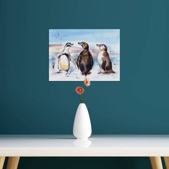 Three Amigos, Penguin watercolour painting