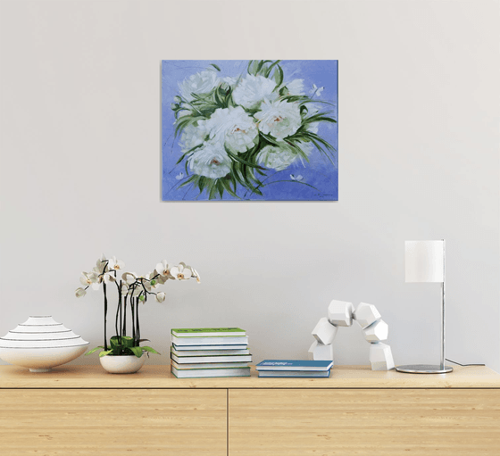 White Peonies. Original Oil Painting on Canvas. Performed in trendy palette knife technique. 16" x 20". 40,6 x 50,8 cm. 2019.