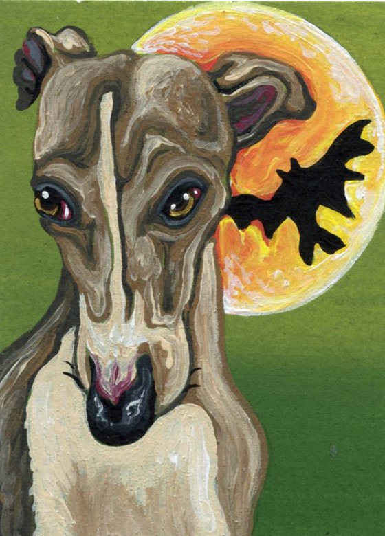 ACEO ATC Original Miniature Painting Halloween Greyhound Pet Dog Art-Carla Smale