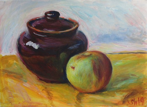 Pot and apple. Acrylic on paper. 42x30 cm.