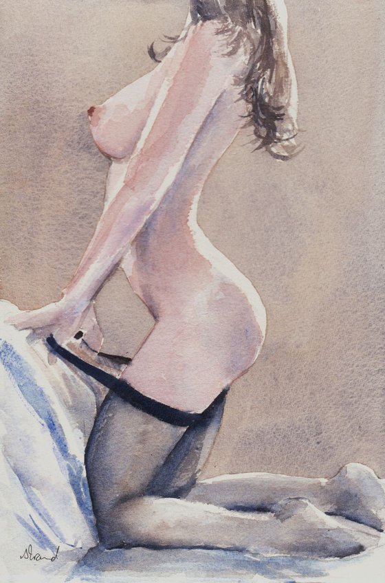 Erotic watercolour painting "Stockings"