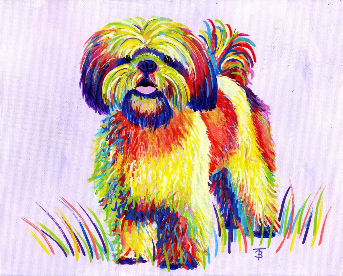 Cartoon Animal Acrylic Painting By Tiffany Budd, 12 X 10", Rainbow Shih Tzu, Original Artwork