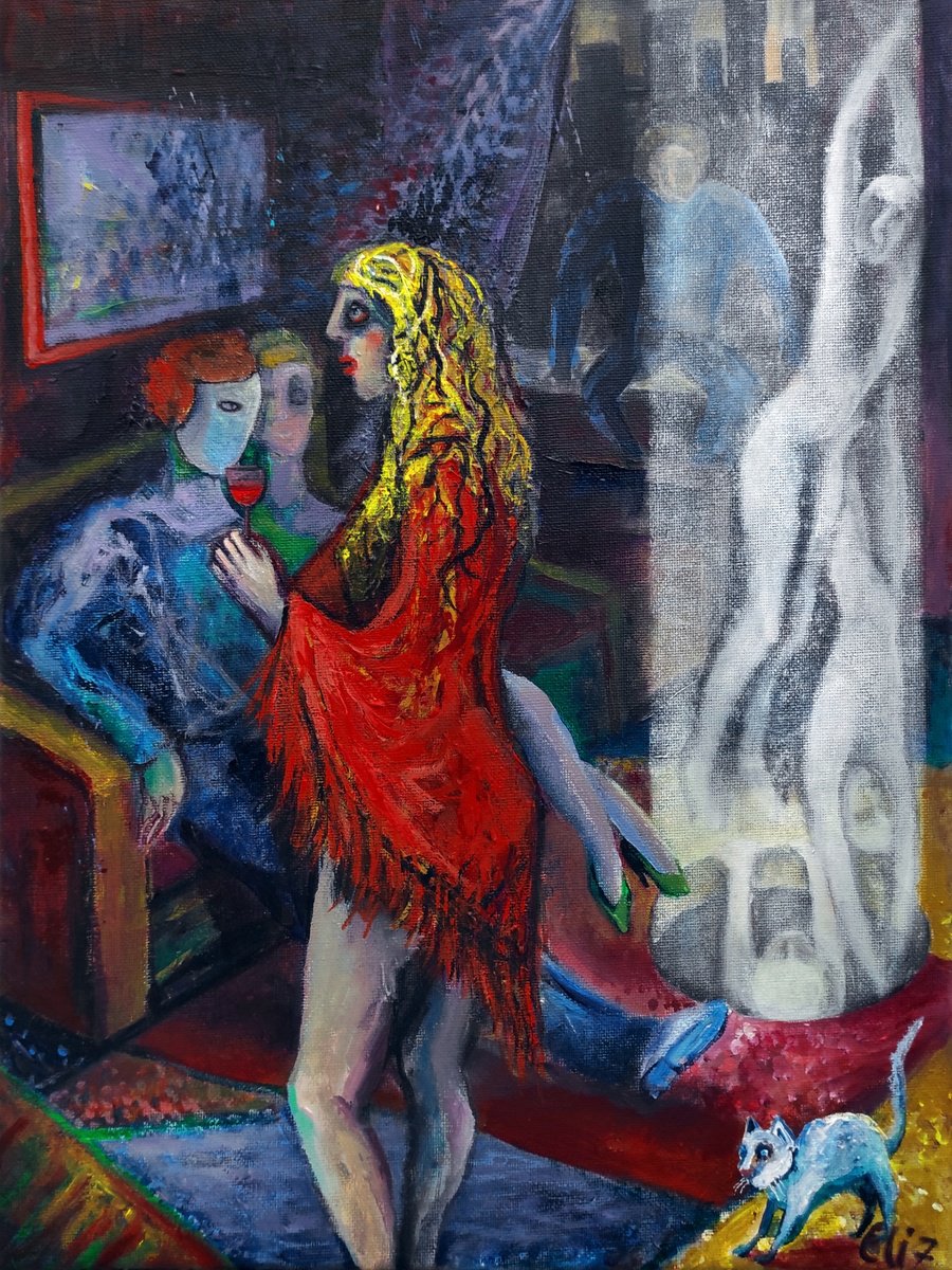 Expressive Portrait Acrylic Painting By Elisheva Nesis, 12 X 16, Hostess, Original Artwork