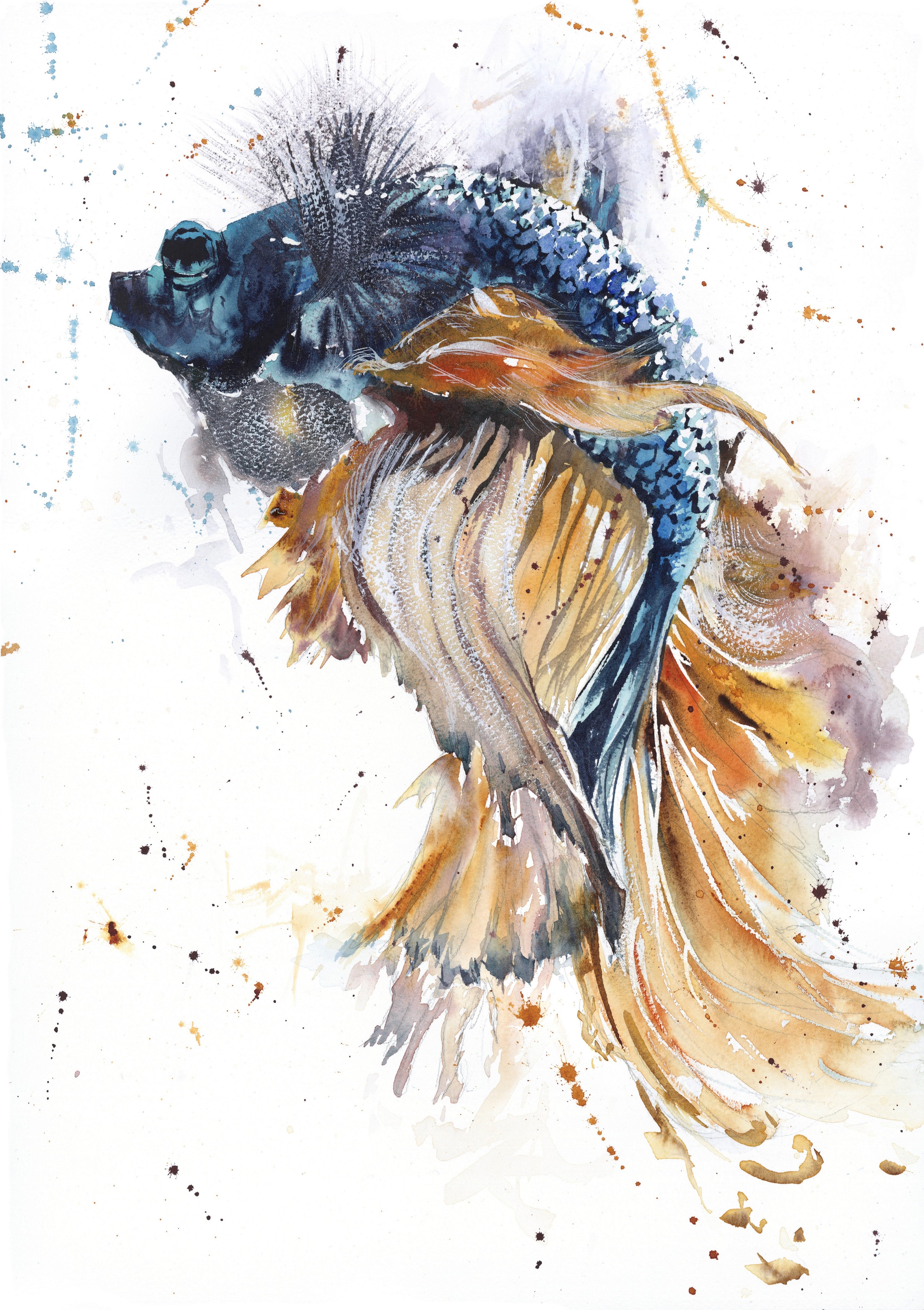 Expressive Animal Watercolour By Natalie Bowden, 14 X 20", Siamese Fighter I, Original Artwork