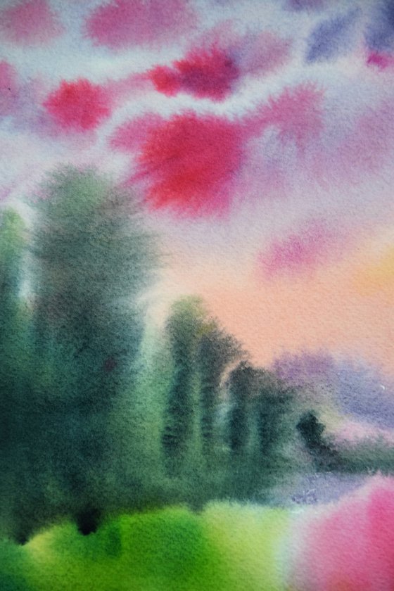 Sunset landscape painting, ORIGINAL watercolor painting, pink flowers wall art