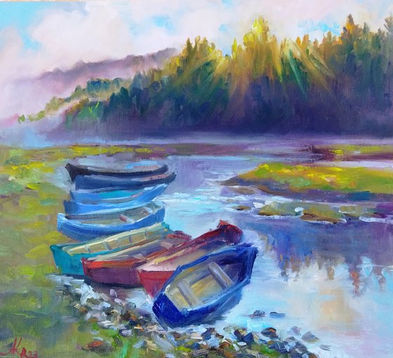 Fishing boats, river landscape