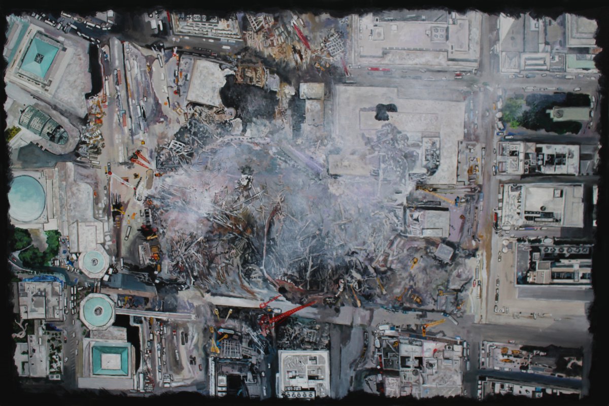 Photorealistic Cityscapes Oil Painting By Ken Vrana, 36 X 25", 911 Overview, Original Artwork