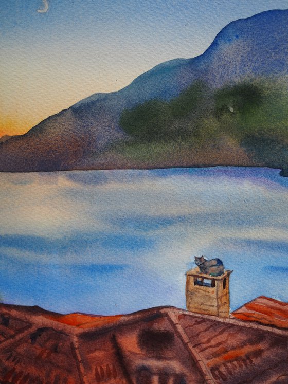 Mediterranean mood - original watercolor cityscape seaview