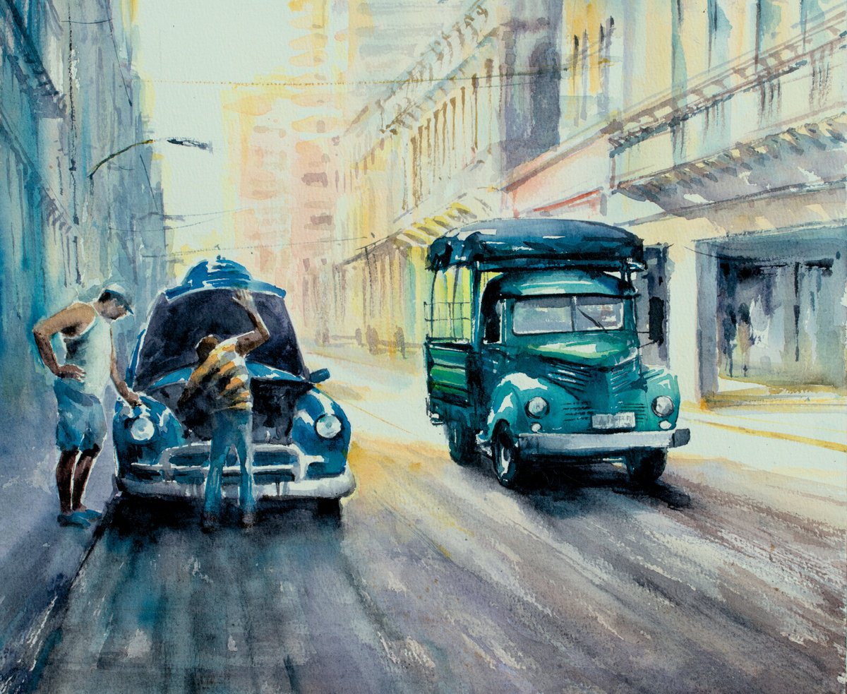 Impressionistic Cityscapes Watercolour By Eve Mazur, 15 X 12, Memories From Havana, Original Artwork
