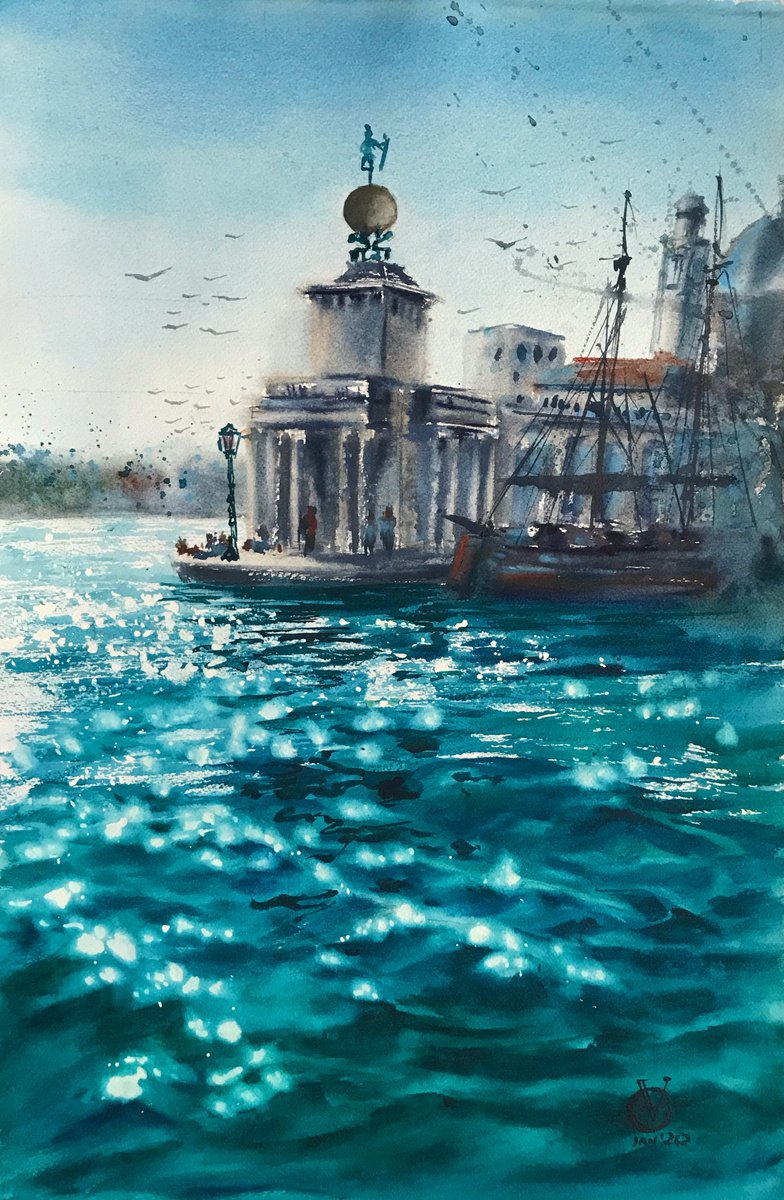 Impressionistic Landscape Watercolour By Valeria Golovenkina, 15 X 22", At The Edge Of The Lagoon, Original Artwork