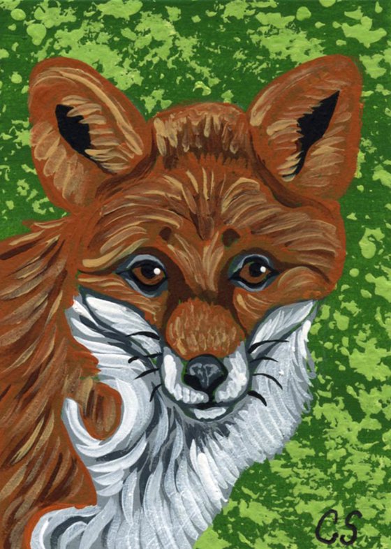 ACEO ATC Original Miniature Painting Red Fox Wildlife Art-Carla Smale