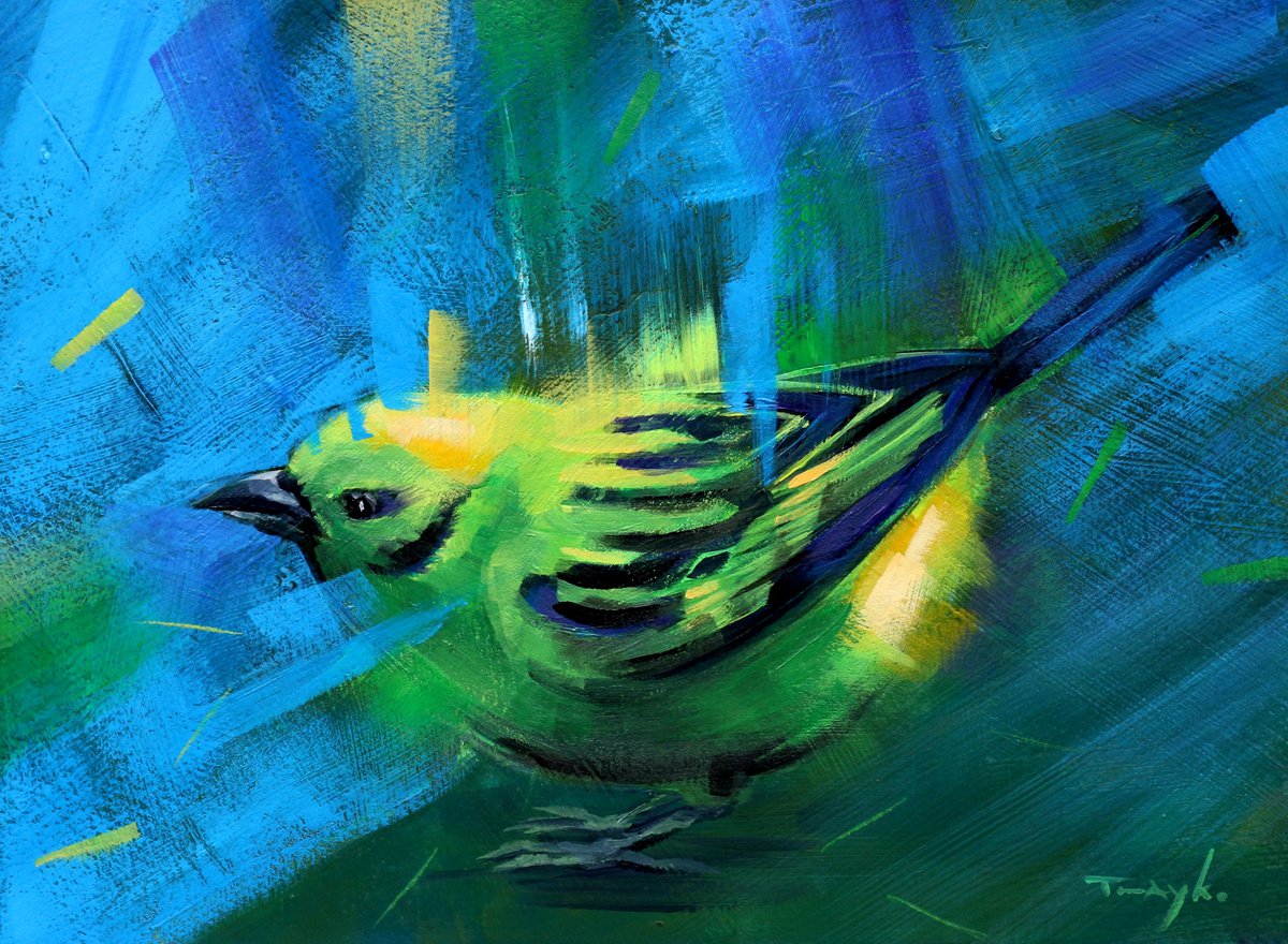 Expressive Animal Acrylic Painting By Trayko Popov, 12 X 9", Forest | Song | Bird, Original Artwork