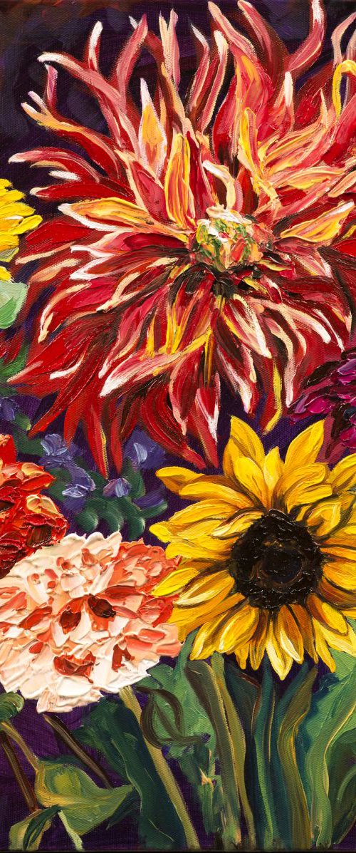 Firecracker Dahlia with Sunflowers & Zinnias by Christina M Plichta