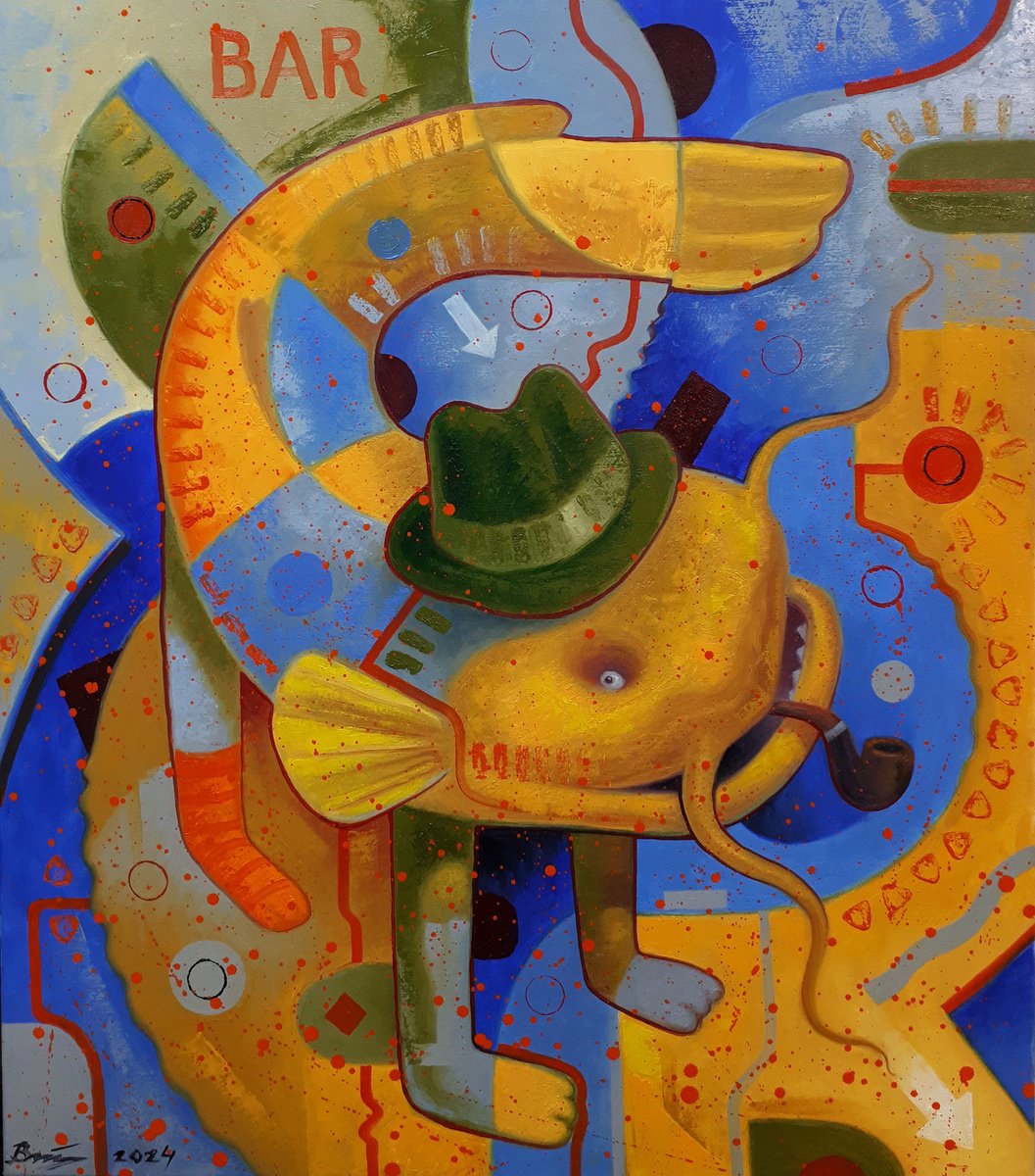 Surrealistic Animal Oil Painting By Serhii Voichenko, 28 X 32", Mr. Goonch Leaves The Bar, Original Artwork