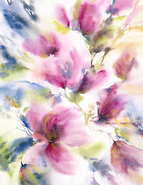 Watercolor loose flowers painting Spring magnolias by Olga Grigo