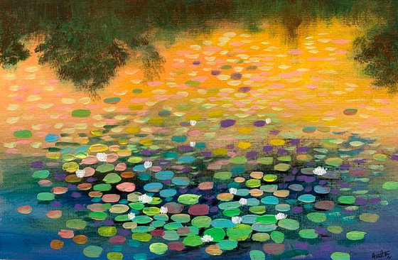 Water lily pond at sunset! Painting on paper