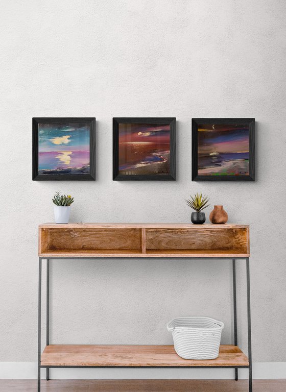 Triptych Small seascapes - "Red night" - Bright expressionism - Sea - Ocean