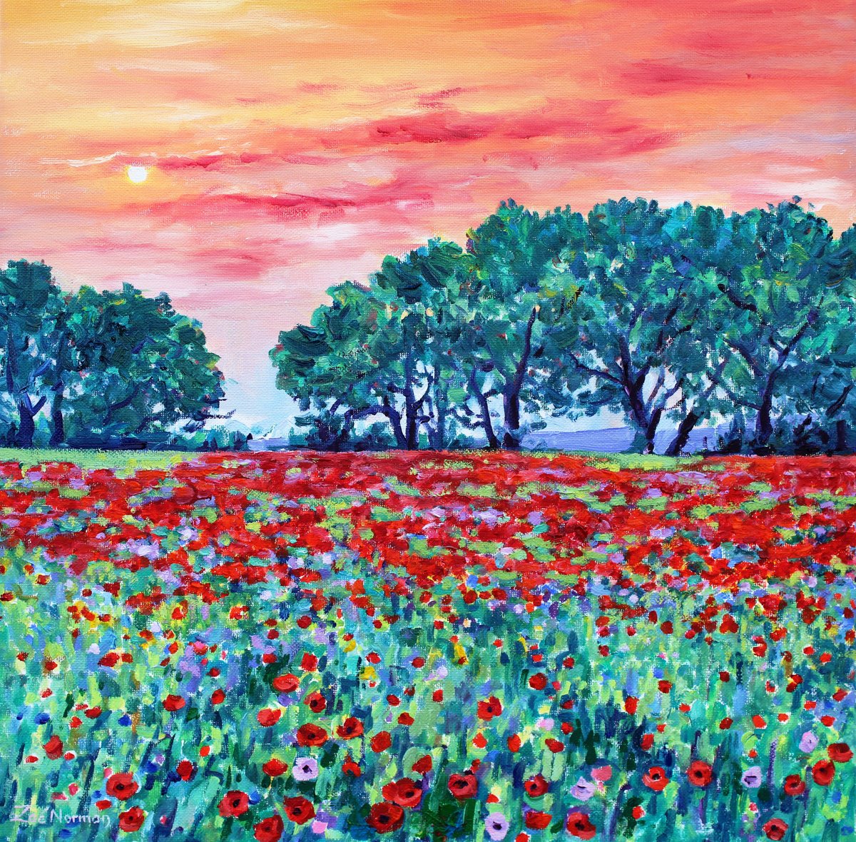 Evening Poppy Meadow By Zoe Elizabeth Norman, 16 X 16, Artwork For Sale On Artfinder