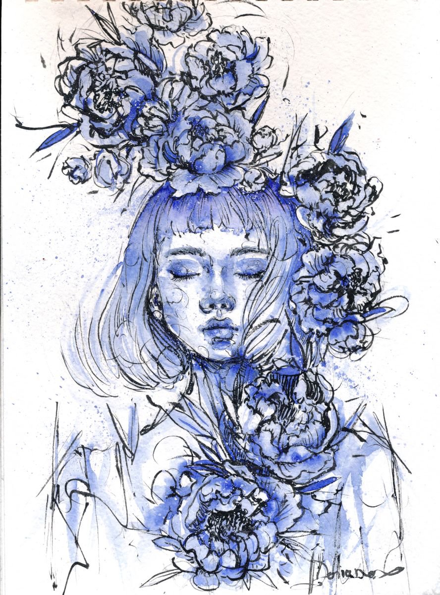 Expressive Portrait Ink Drawing By Doriana Popa, 6 X 8, Blue December, Original Artwork