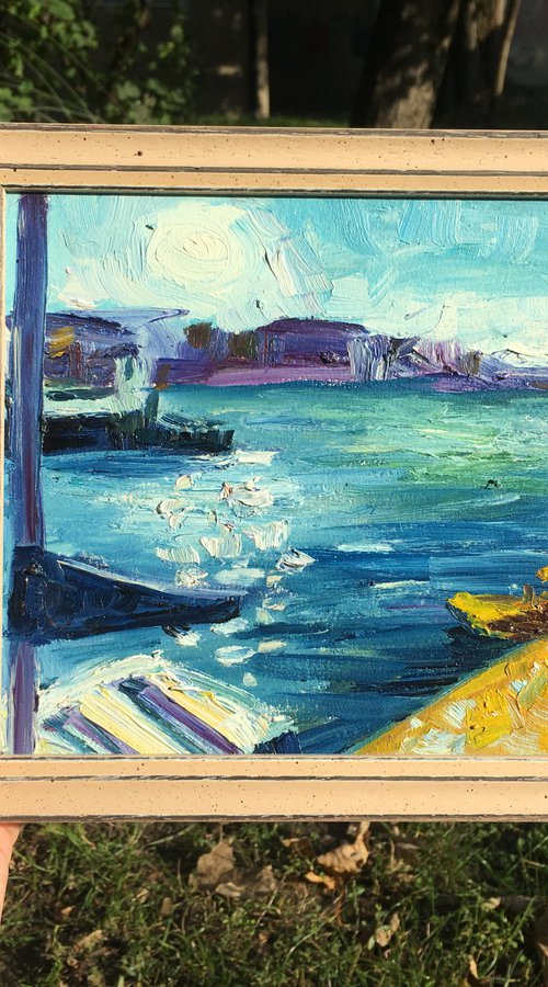 Ships docked in the port original oil painting, coastal pleinair study by Kate Grishakova