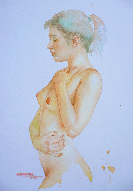 original art watercolour painting sexy nude girl  on paper #16-4-29