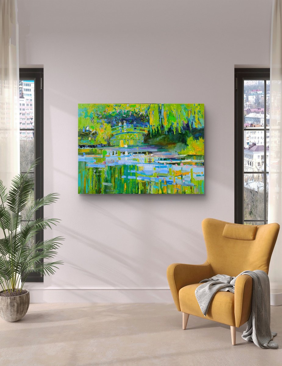 Impressionistic Landscape Oil Painting By Yehor Dulin, 55 X 39", "Water Lilies ", Original Artwork