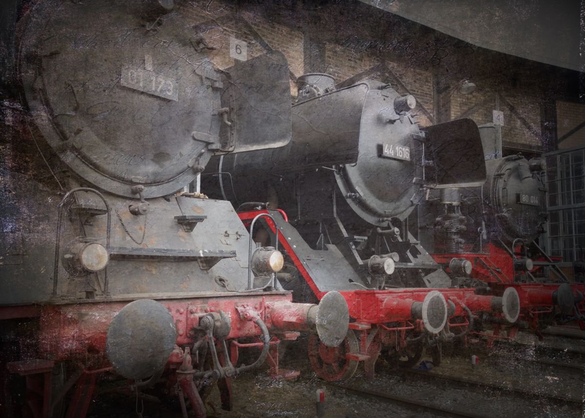 Old steam trains in the depot 8 - print on canvas 60x80x4cm by Kuebler