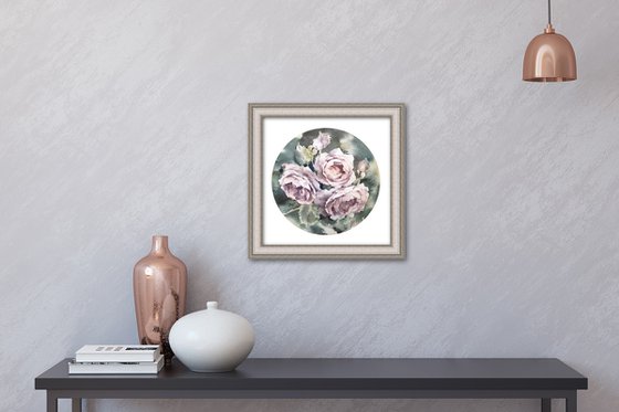 Watercolor roses in a circle, Light purple flowers and green leaves