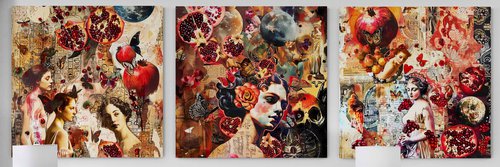 300 x 100 cm art Women and pomegranates. Colorful simbolic abstract huge artwork from 3 pieces. Bright red gold large wall art for home decor by BAST