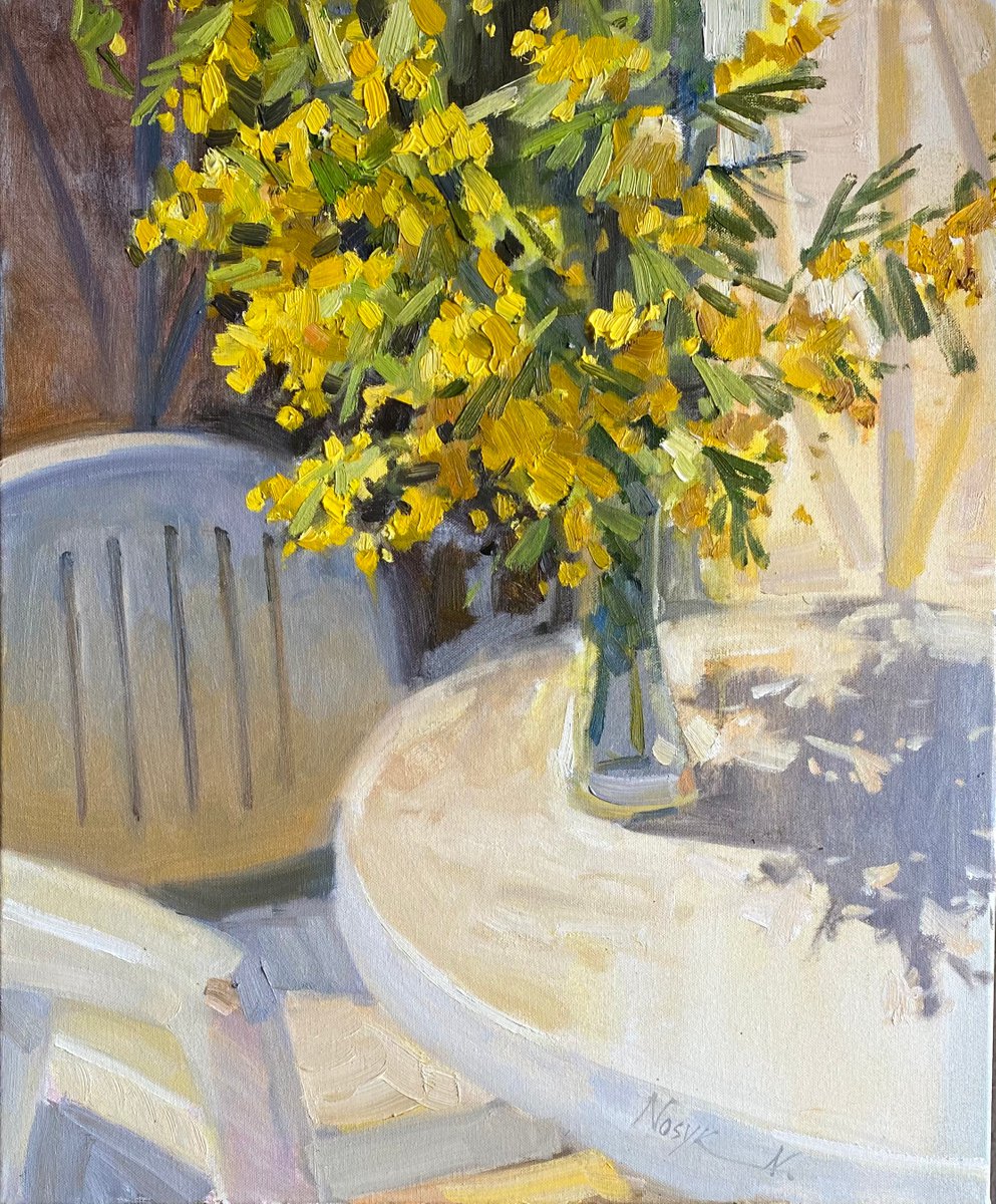 Sunny Mimosas 60x50 cm| oil painting on canvas by Nataliia Nosyk