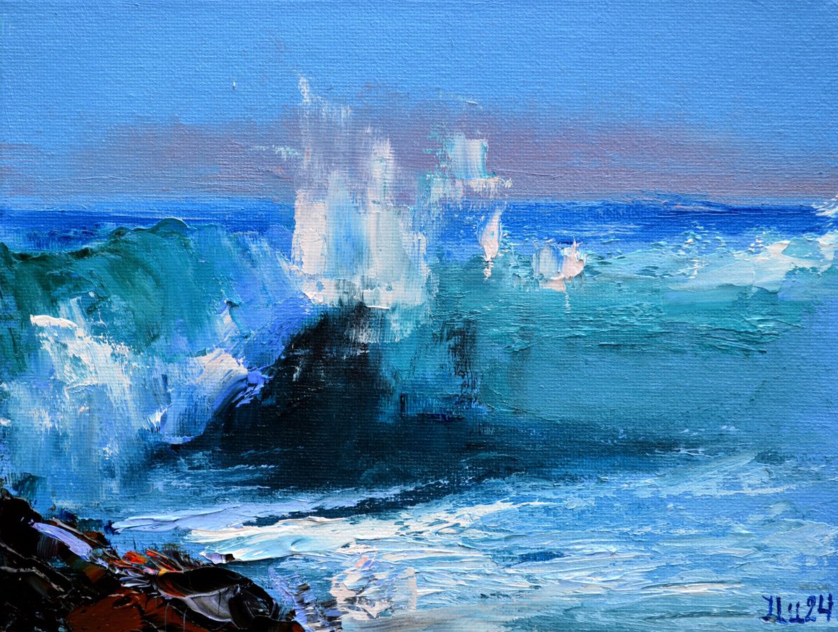 Expressive Landscape Oil Painting By Elena Lukina, 9 X 7, Ocean Movement, Original Artwork