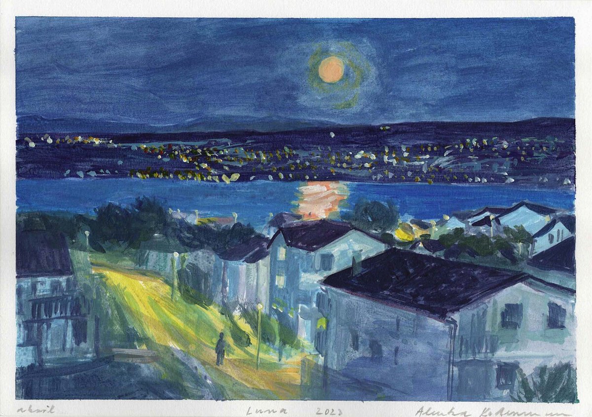 Impressionistic Cityscapes Drawing By Alenka Koderman, 12 X 8, The Moon, Original Artwork