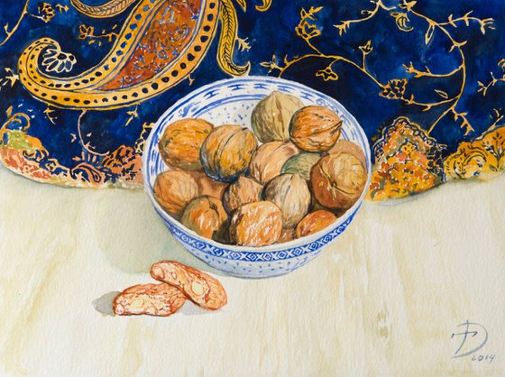 Watercolor still life with walnuts