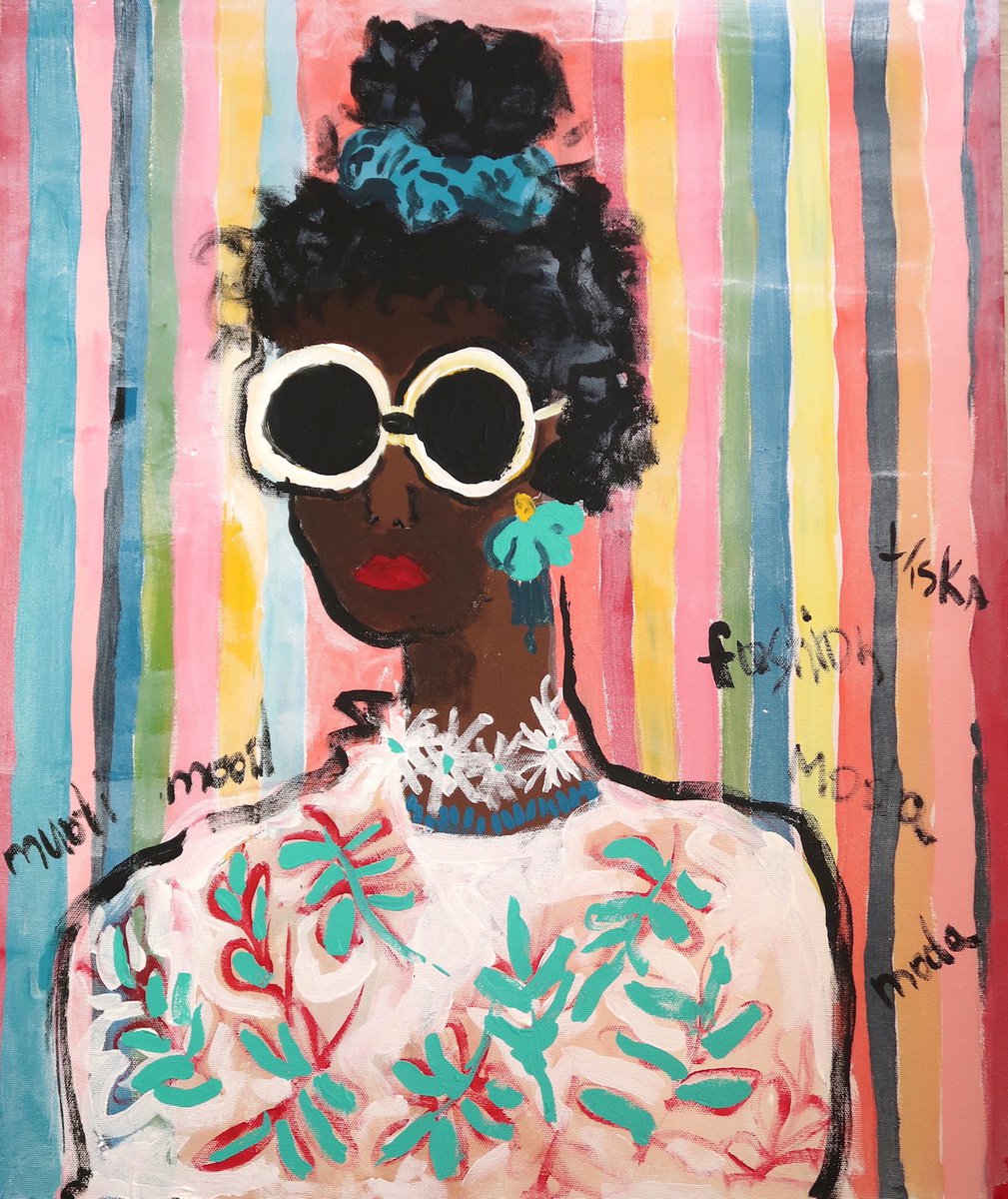 Black girl with sunglasses - acrylic on canvas panel, sunglasses portrait, woman portrai... by Ksenia Kozhakhanova