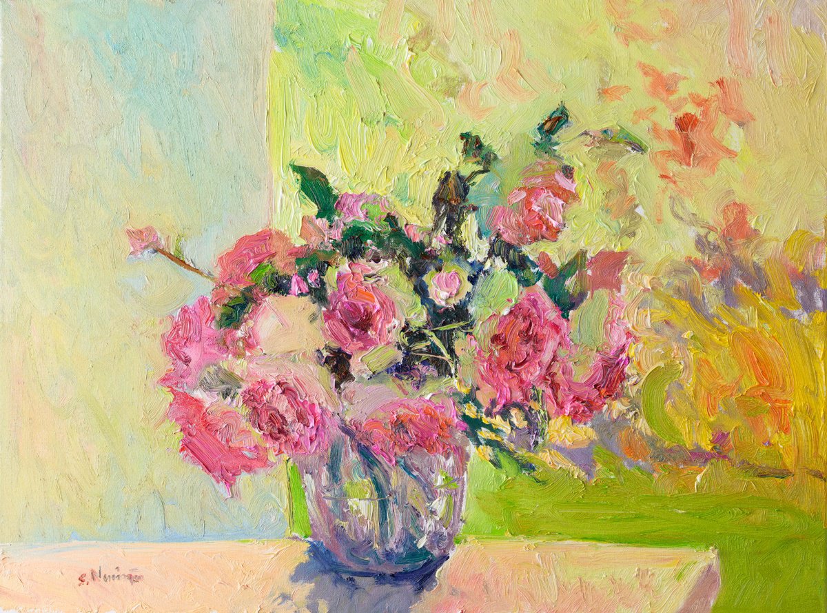 Expressive Botanical Oil Painting By Suren Nersisyan, 24 X 18", Roses From Garden. Morning, Original Artwork