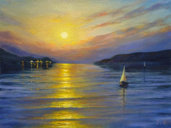 Sunset Painting Boat Original Art Sailboat Wallart Seascape Painting 16" by 12"