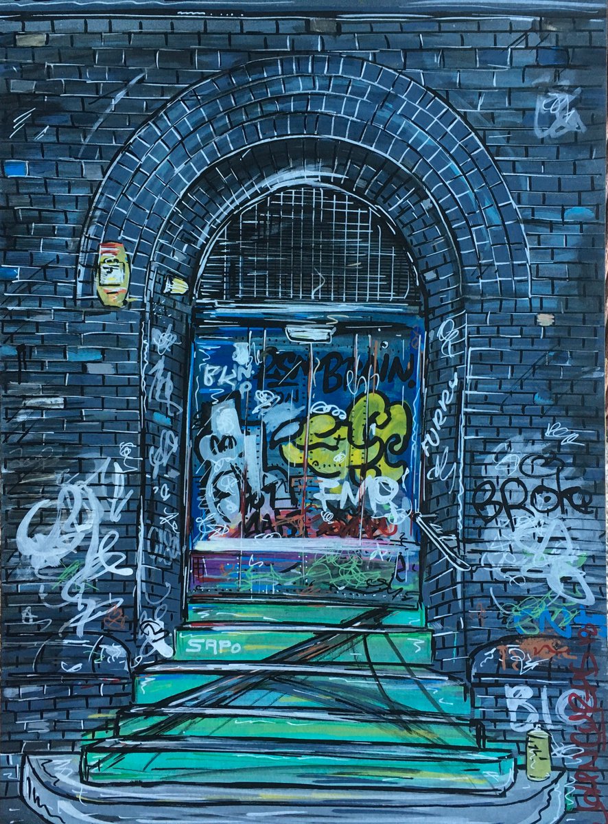 Urban And Pop Cityscapes Painting By John Curtis, 12 X 17, Doorway, Original Artwork