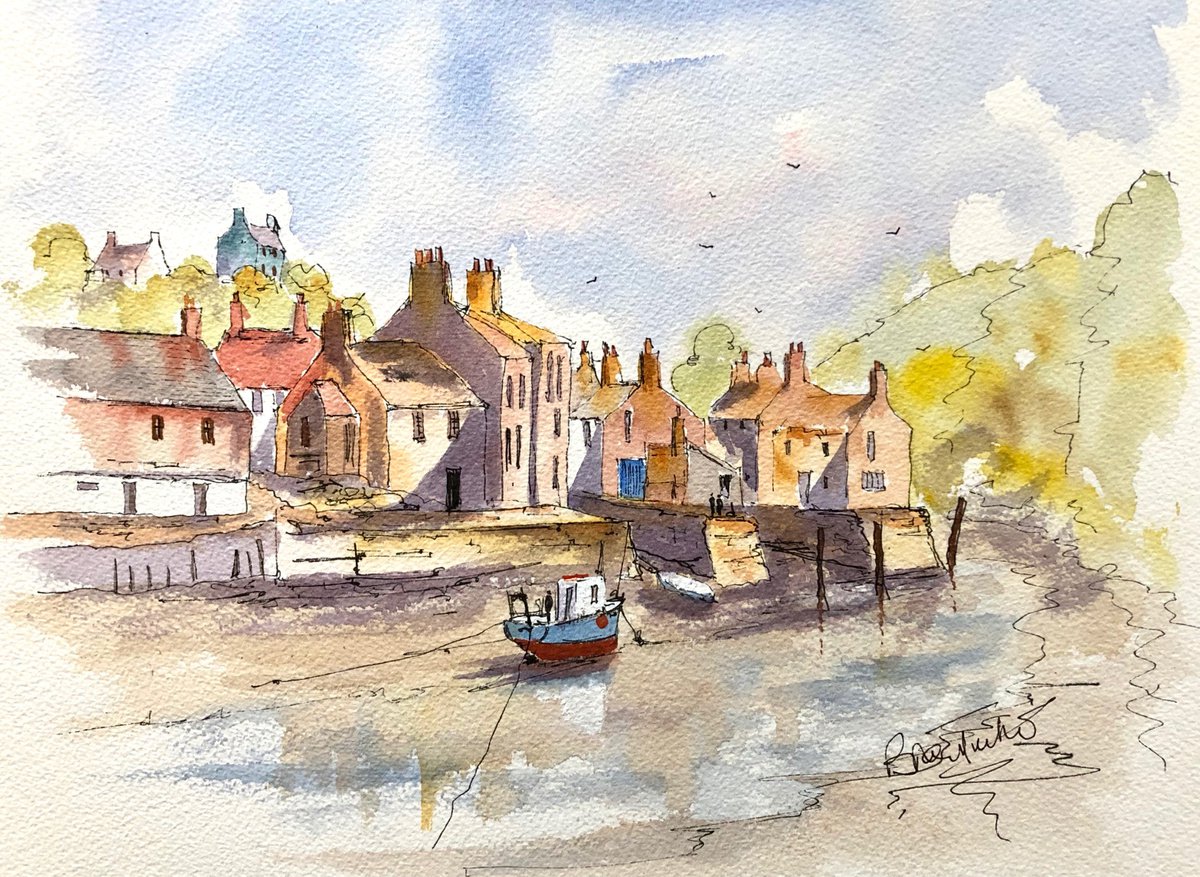 Impressionistic Landscape Watercolour By Brian Tucker, 13 X 9, Staithes In Yorkshire, Original Artwork